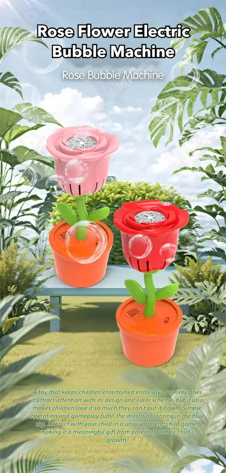 Electric Rose Bubble Machine (TB-4908593) — illustrated product details, panel 1