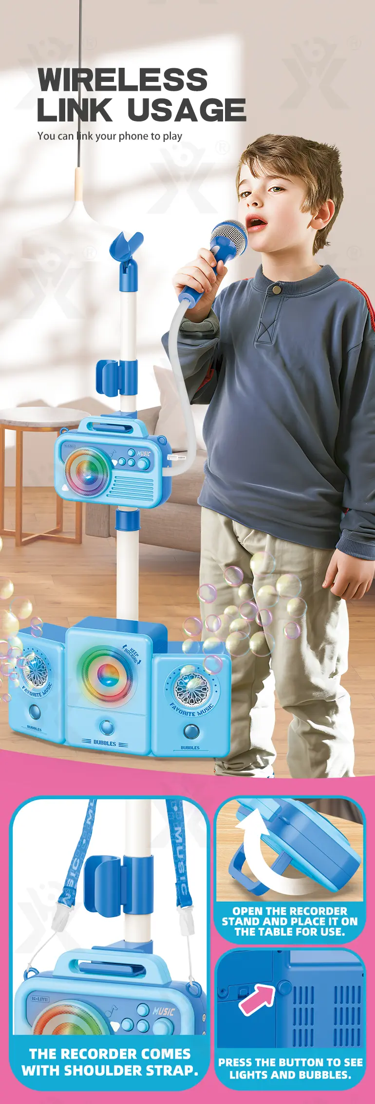 2-in-1 Microphone Speaker Bubble Maker (TB-4855494) — illustrated product details, panel 2