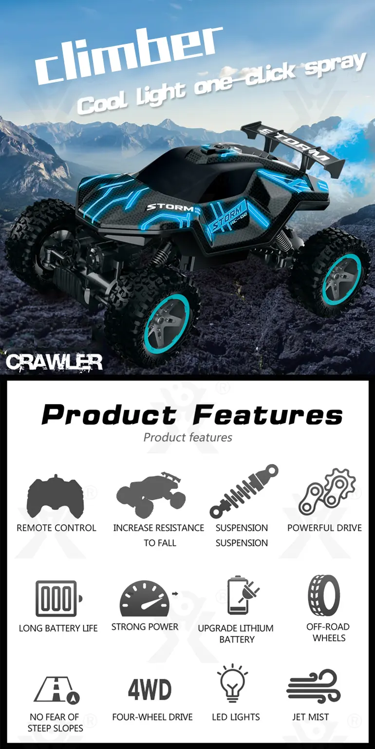 RC Cars 1/16 Scales, Spray Rock Crawler RC Car Toy (TB-4279990) — illustrated product details, panel 1