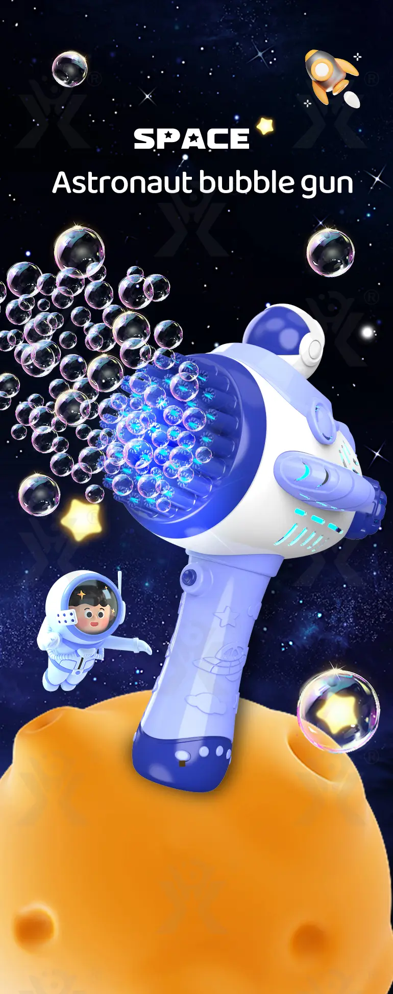 Astronaut Bubble Gun Toy, Spaceman Themed With 45 Holes (TB-4208864) — illustrated product details, panel 1