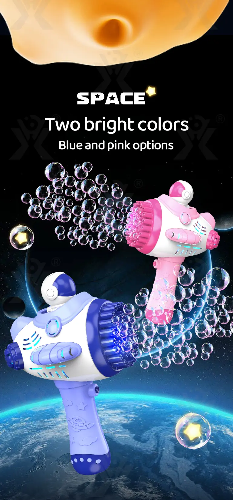 Astronaut Bubble Gun Toy, Spaceman Themed With 45 Holes (TB-4208864) — illustrated product details, panel 2