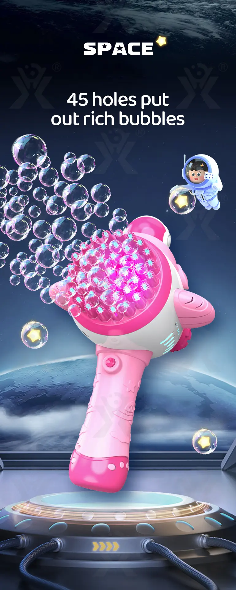 Astronaut Bubble Gun Toy, Spaceman Themed With 45 Holes (TB-4208864) — illustrated product details, panel 4