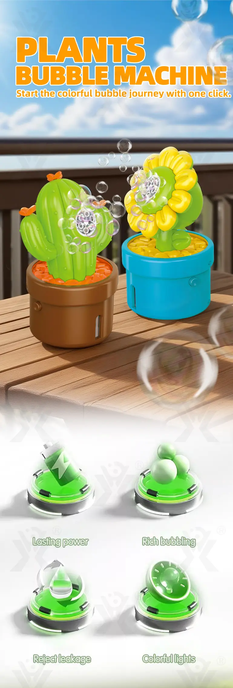 Plant-Shaped Bubble Machine Toy, Portable Cactus Bubble (TB-4906710) — illustrated product details, panel 1