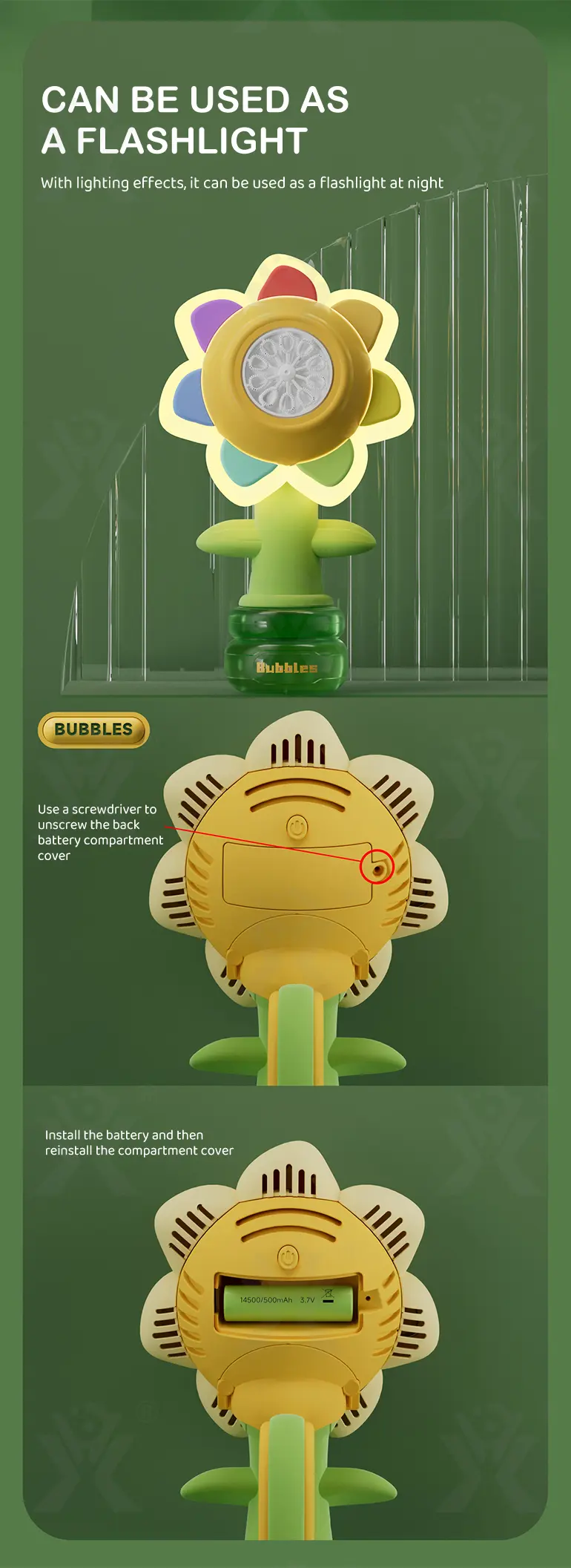Sunflower Bubble Machine Toy -Summer Toys For Kids Supply (TB-4366051) — illustrated product details, panel 5