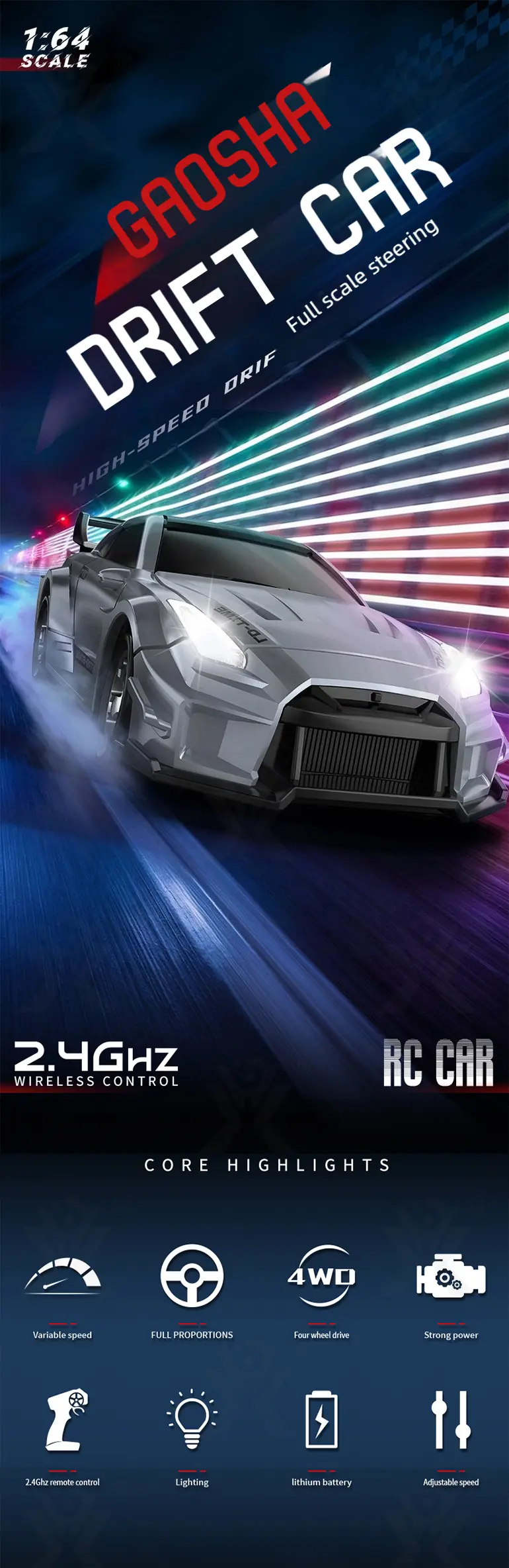 1: 64 Mini RC Car Toy, Remote Control Drift Car Toy (TB-4964566) — illustrated product details, panel 1