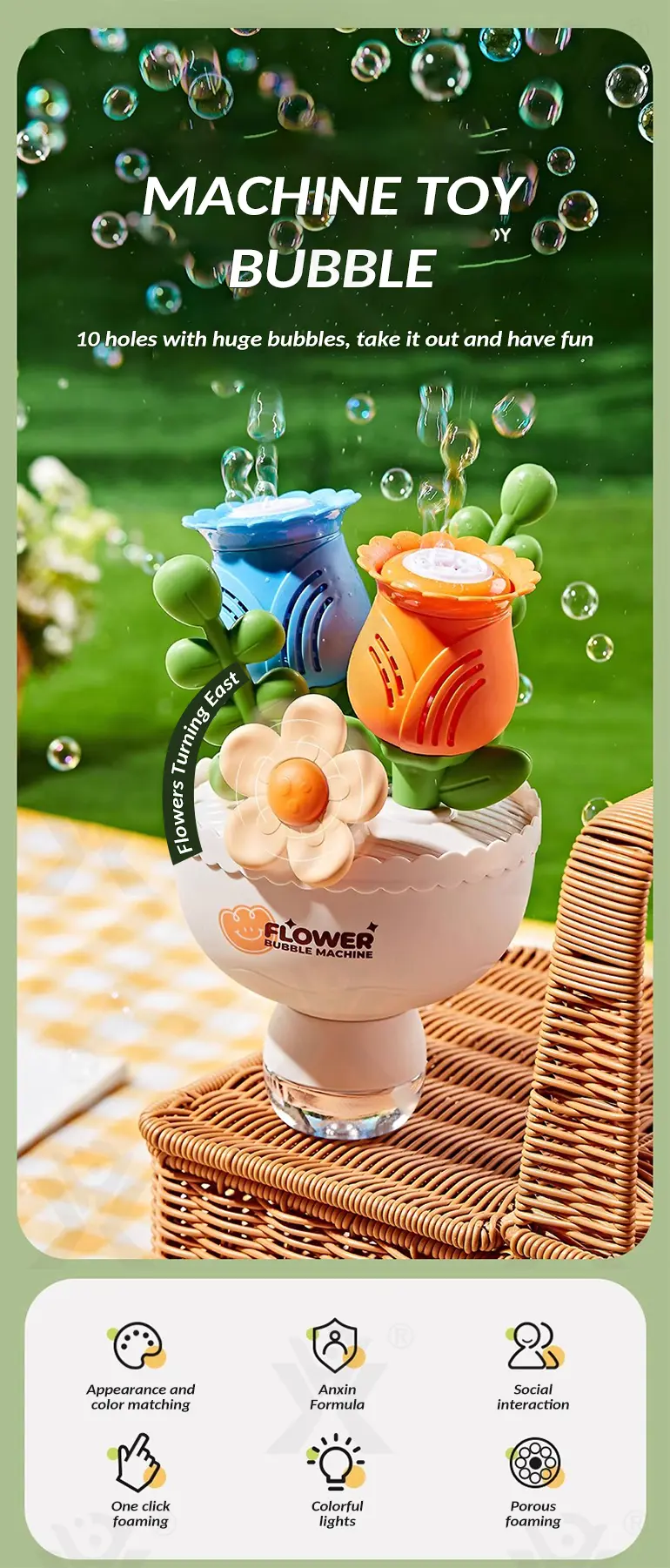 Electric Handheld Flower Bubble Machine Toy (TB-4923029) — illustrated product details, panel 1