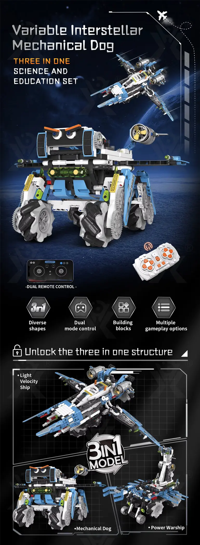 3 in 1 Programmable Robotics Kit with Remote and App Control, STEM Educational Building Toy For Kids (TB-4989966) — illustrated product details, panel 1