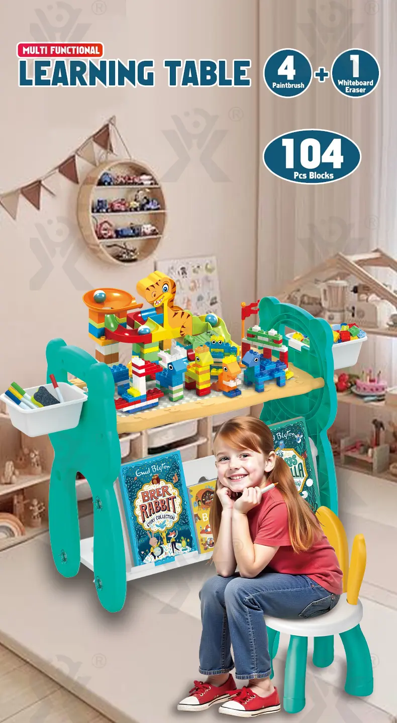 Multi-Functional Learning Table & Art Easel, Drawing Board & Building Blocks Set Toy- Educational Toys Factory Supply (TB-5087197) — illustrated product details, panel 1