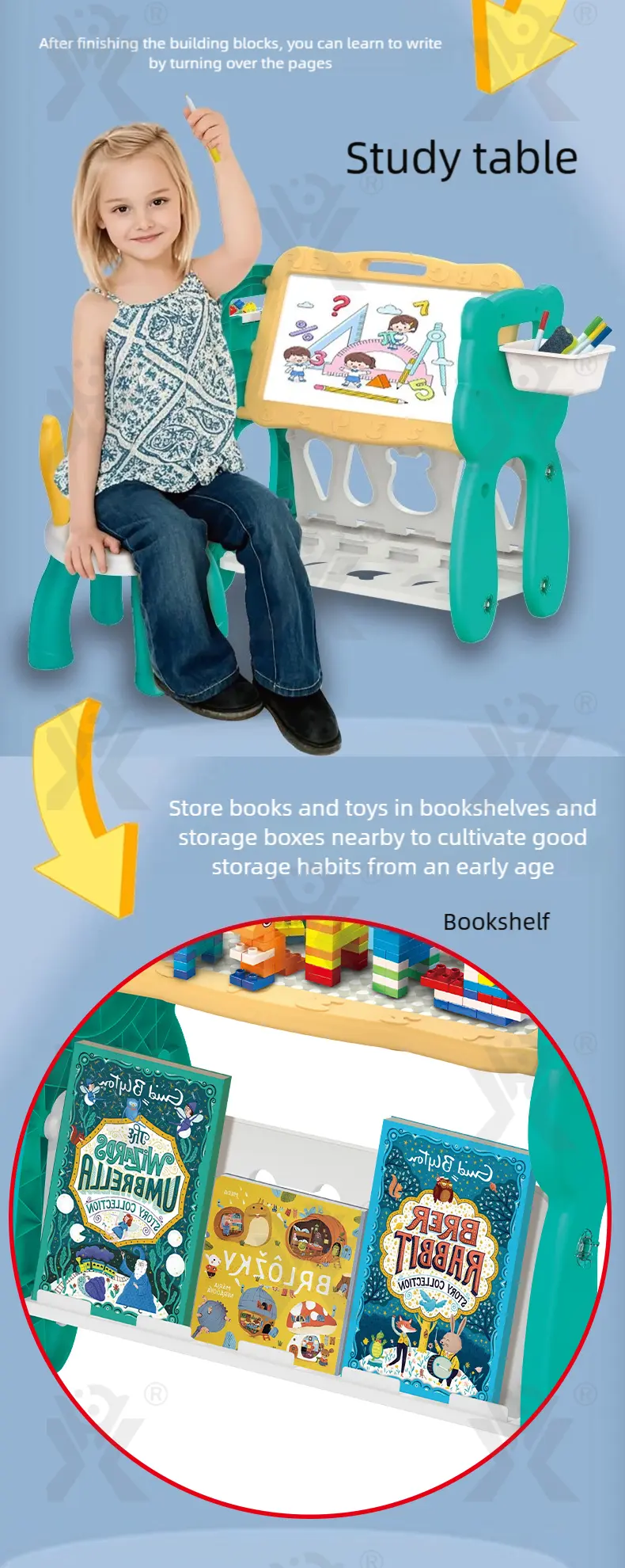 Multi-Functional Learning Table & Art Easel, Drawing Board & Building Blocks Set Toy- Educational Toys Factory Supply (TB-5087197) — illustrated product details, panel 3