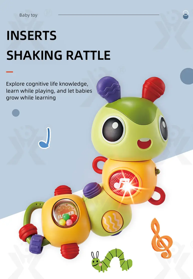 Electric Caterpillar Toy with Music, Sound, Lighting, and 360 Degree Rotation (TB-4164697) — illustrated product details, panel 1