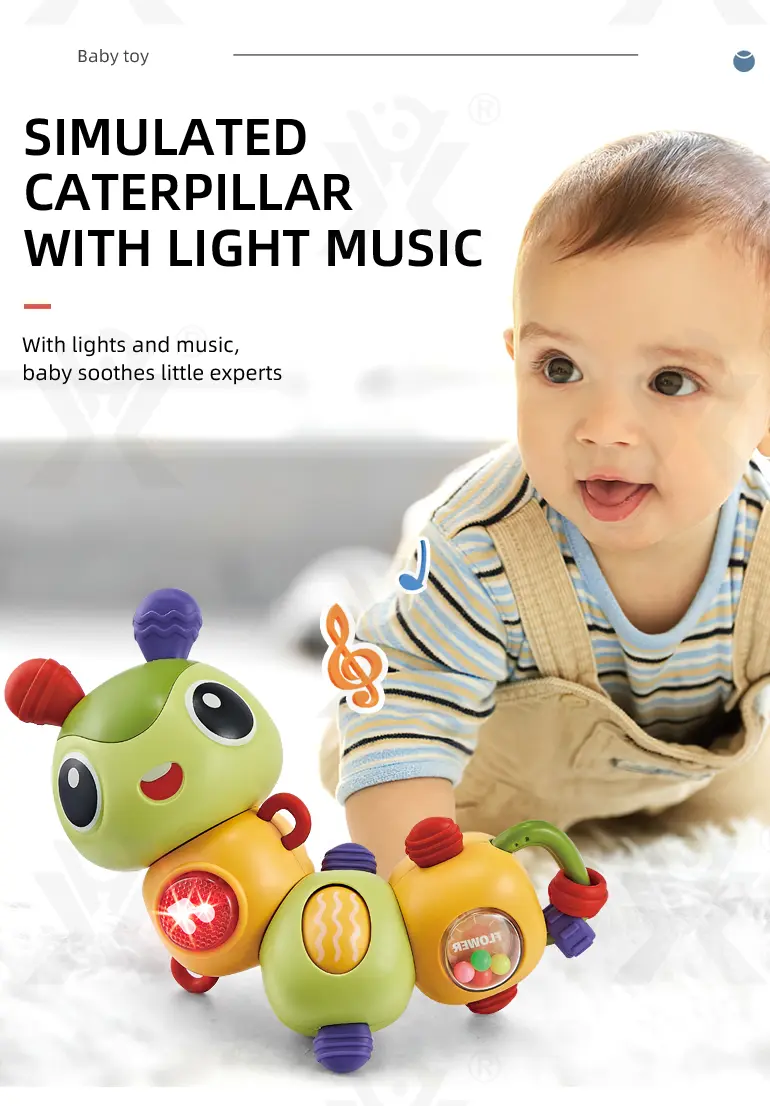 Electric Caterpillar Toy with Music, Sound, Lighting, and 360 Degree Rotation (TB-4164697) — illustrated product details, panel 4