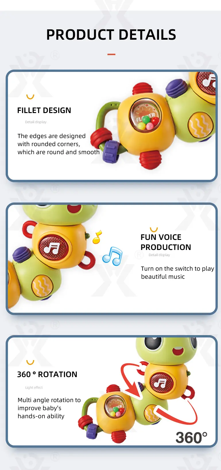 Electric Caterpillar Toy with Music, Sound, Lighting, and 360 Degree Rotation (TB-4164697) — illustrated product details, panel 5