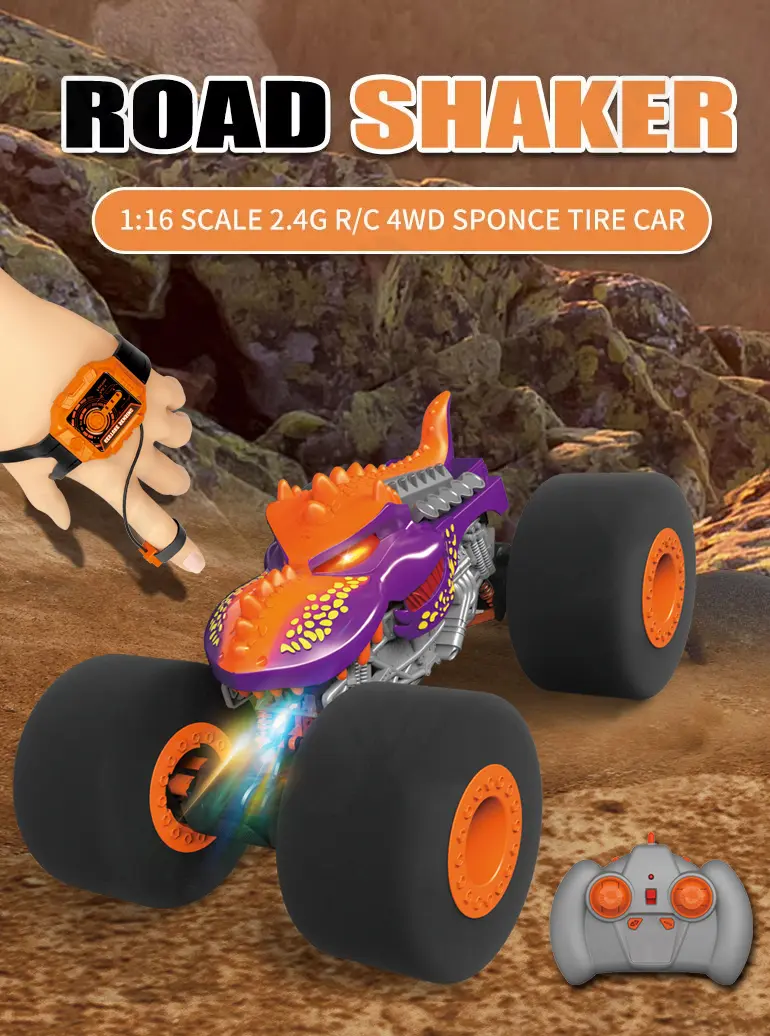 Gesture RC Dinosaur Car Toys,1:16 Dinosaur Monster Truck RC Stunt Car with Music Light Spray Mist (TB-4153473) — illustrated product details, panel 1