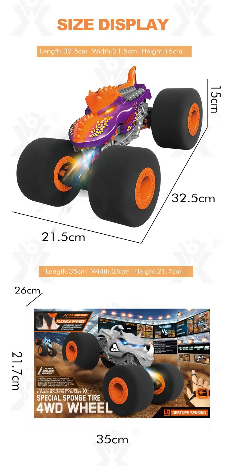 Gesture RC Dinosaur Car Toys,1:16 Dinosaur Monster Truck RC Stunt Car with Music Light Spray Mist (TB-4153473) — illustrated product details, panel 6