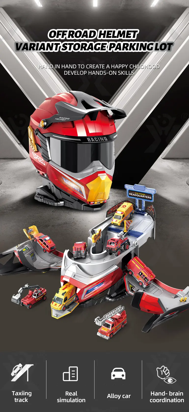 2-in-1 Helmet Transforms Racer Track Set (TB-4371411) — illustrated product details, panel 1