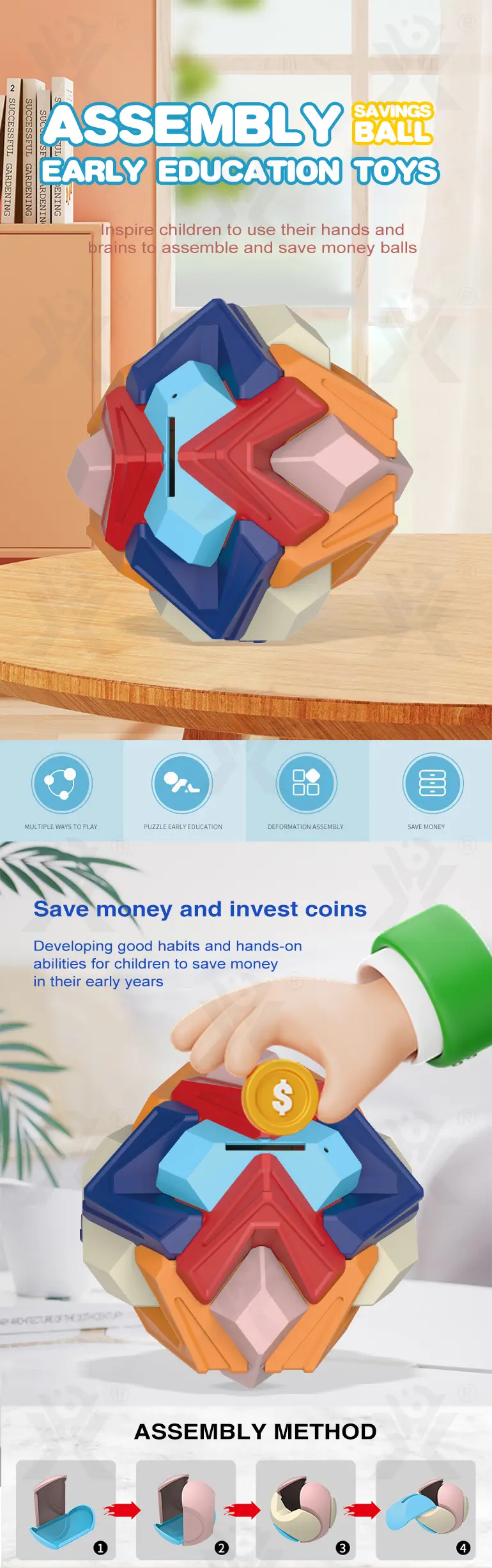 3D Puzzle Ball Piggy Bank Toy (TB-5081521) — illustrated product details, panel 1