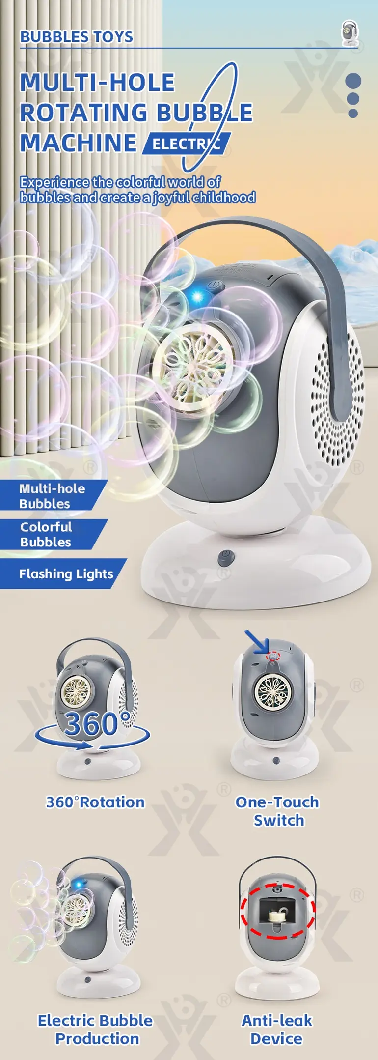 Automatic Rotating Bubble Machine (TB-4511506) — illustrated product details, panel 1