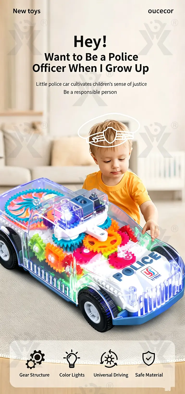 Kids Transparent Electric Police Car Gear Toy with Flashing Lights & Music (TB-4104713) — illustrated product details, panel 1