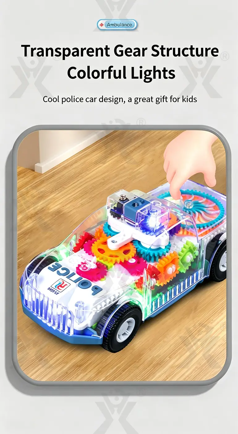Kids Transparent Electric Police Car Gear Toy with Flashing Lights & Music (TB-4104713) — illustrated product details, panel 2