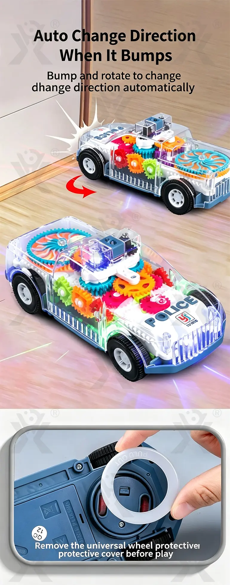 Kids Transparent Electric Police Car Gear Toy with Flashing Lights & Music (TB-4104713) — illustrated product details, panel 3