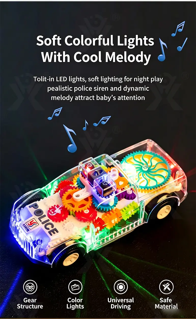 Kids Transparent Electric Police Car Gear Toy with Flashing Lights & Music (TB-4104713) — illustrated product details, panel 4