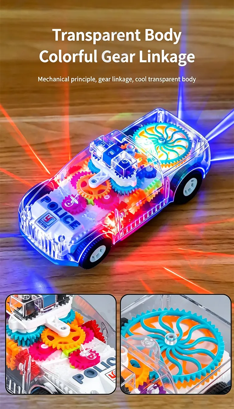 Kids Transparent Electric Police Car Gear Toy with Flashing Lights & Music (TB-4104713) — illustrated product details, panel 5