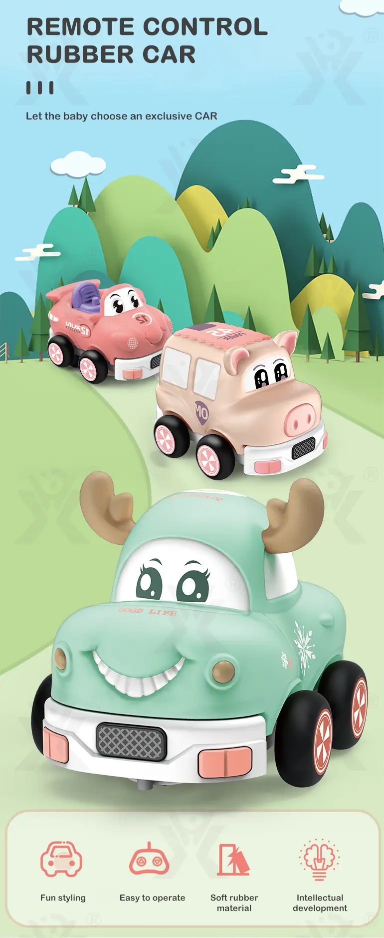 Two Way RC Racing Car Toy, Cartoon Body, Light, and Music (TB-2153429) — illustrated product details, panel 1