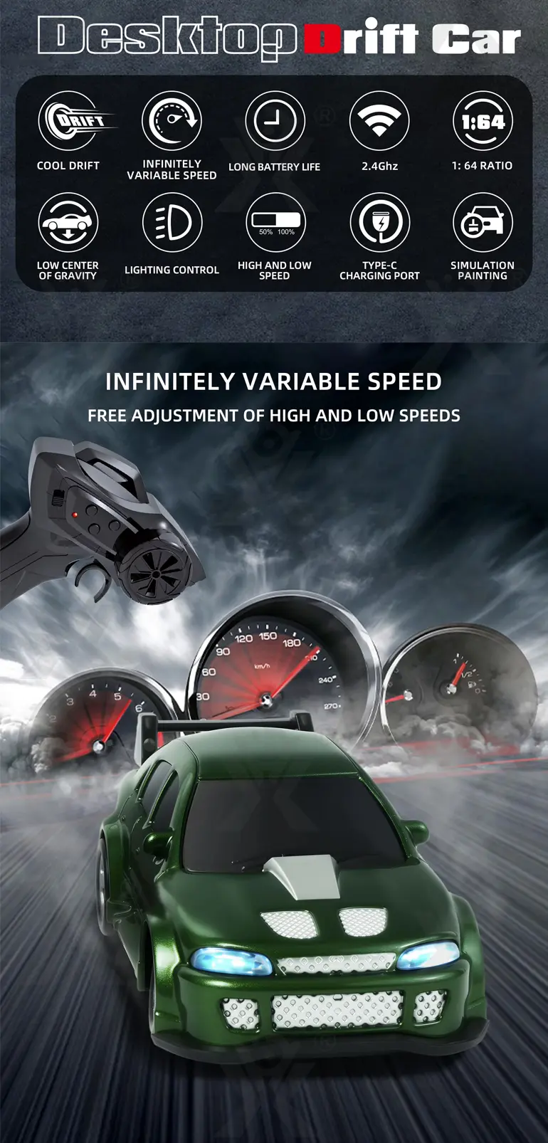 1/64 2.4G 4WD Mini Drift RC Car LED Light, High Speed Racing Remote Control Vehicles Models Desktop Toys (TB-5131038) — illustrated product details, panel 2