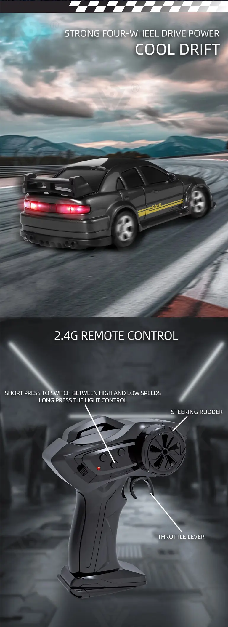 1/64 2.4G 4WD Mini Drift RC Car LED Light, High Speed Racing Remote Control Vehicles Models Desktop Toys (TB-5131038) — illustrated product details, panel 3