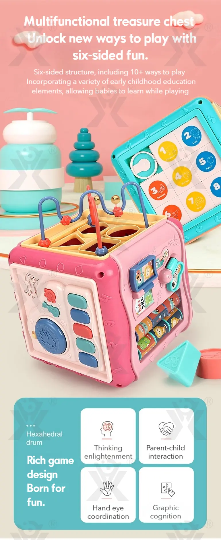 Baby Activity Cube Shape Sorting Activity Center (TB-1673150) — illustrated product details, panel 1