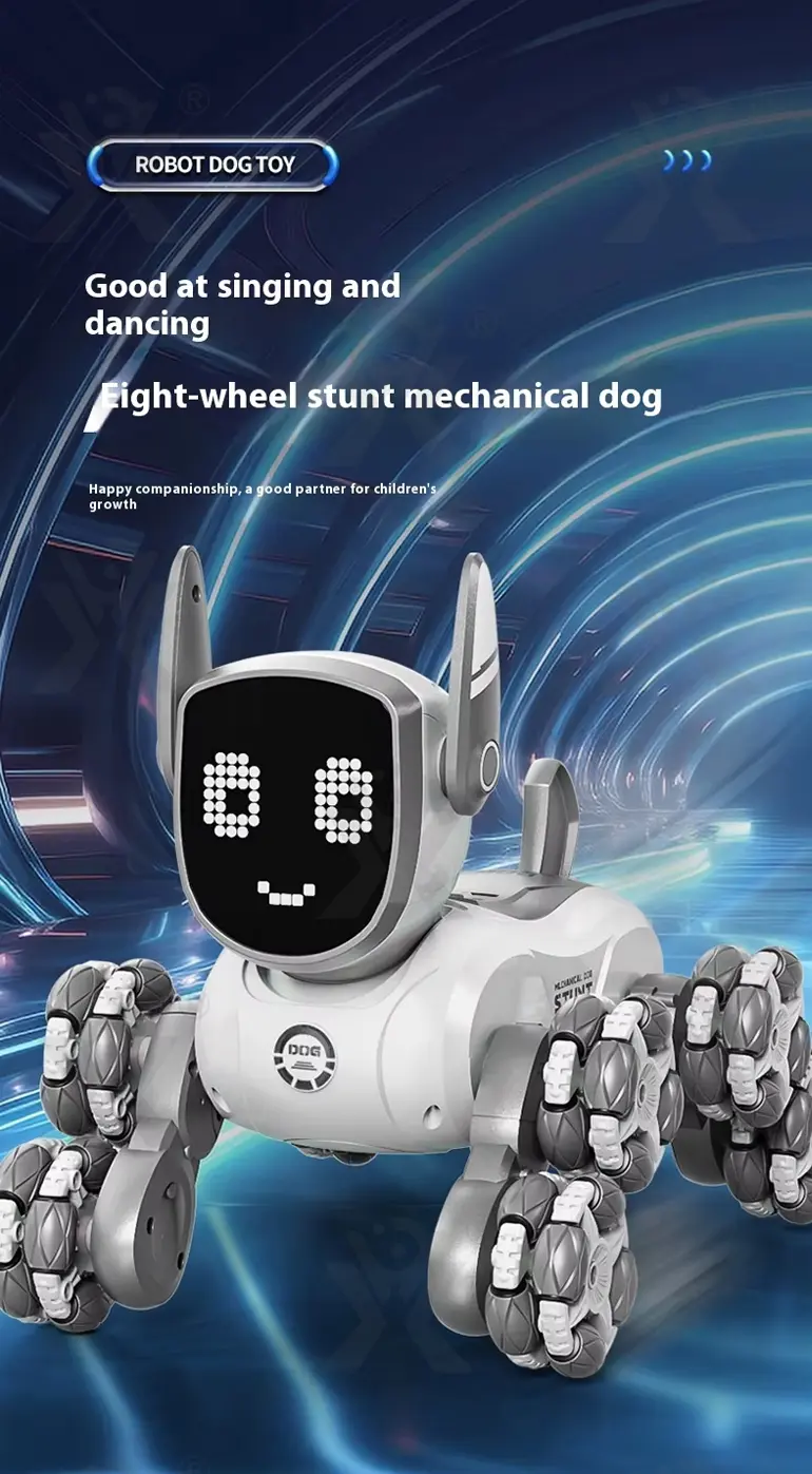 Intelligent Voice Control Eight-Wheel Stunt Robot Dog with Light and Music (TB-5120303) — illustrated product details, panel 1