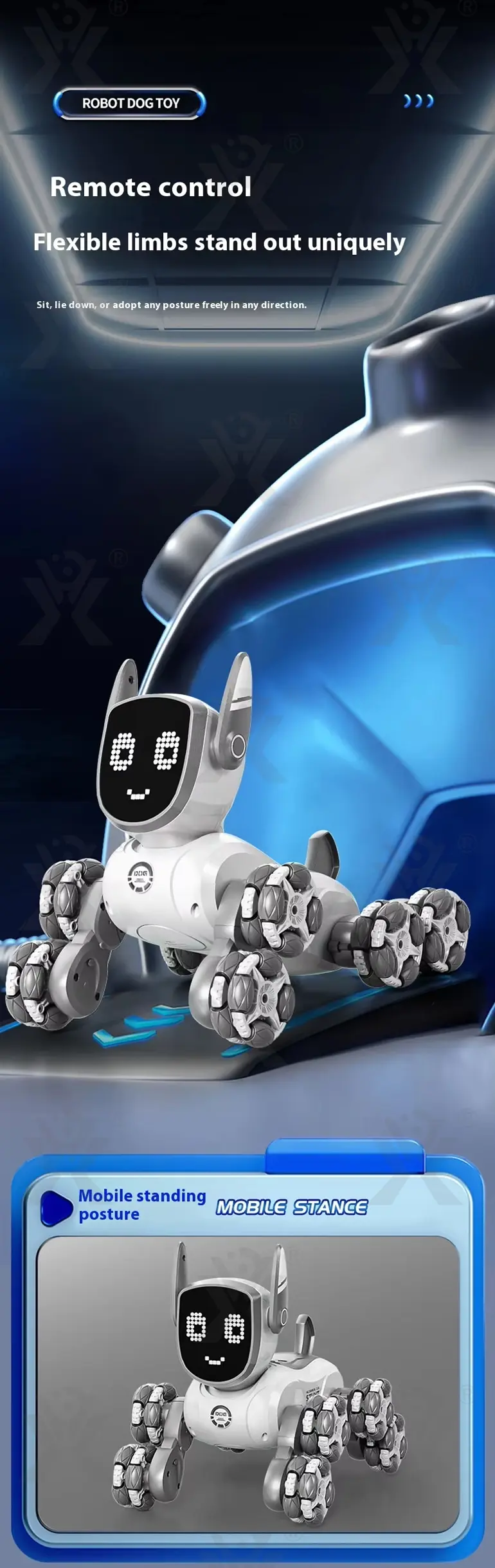 Intelligent Voice Control Eight-Wheel Stunt Robot Dog with Light and Music (TB-5120303) — illustrated product details, panel 3
