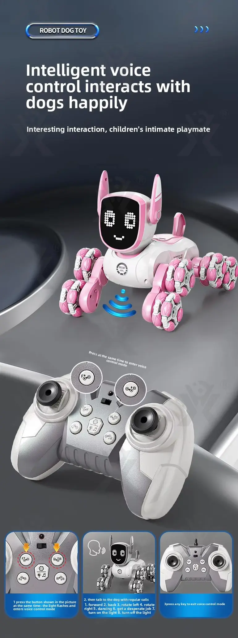 Intelligent Voice Control Eight-Wheel Stunt Robot Dog with Light and Music (TB-5120303) — illustrated product details, panel 7