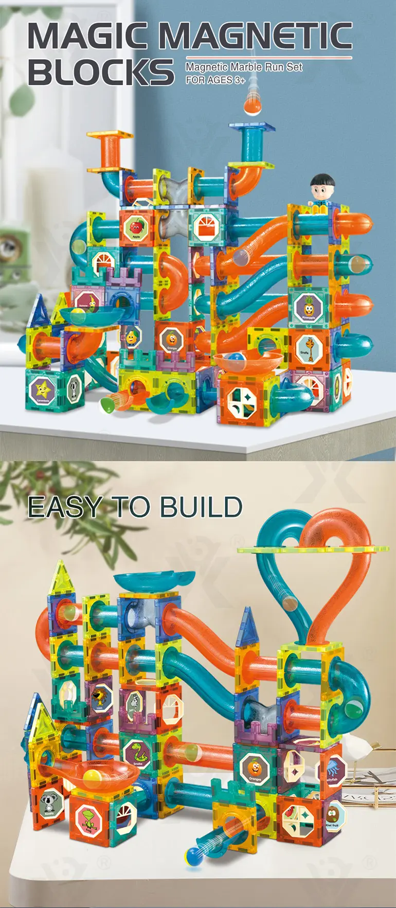 Magnetic Tiles Marble Run, 3D Magnetic Building Blocks Set Race Track Toy for Kids (TB-5155459) — illustrated product details, panel 1