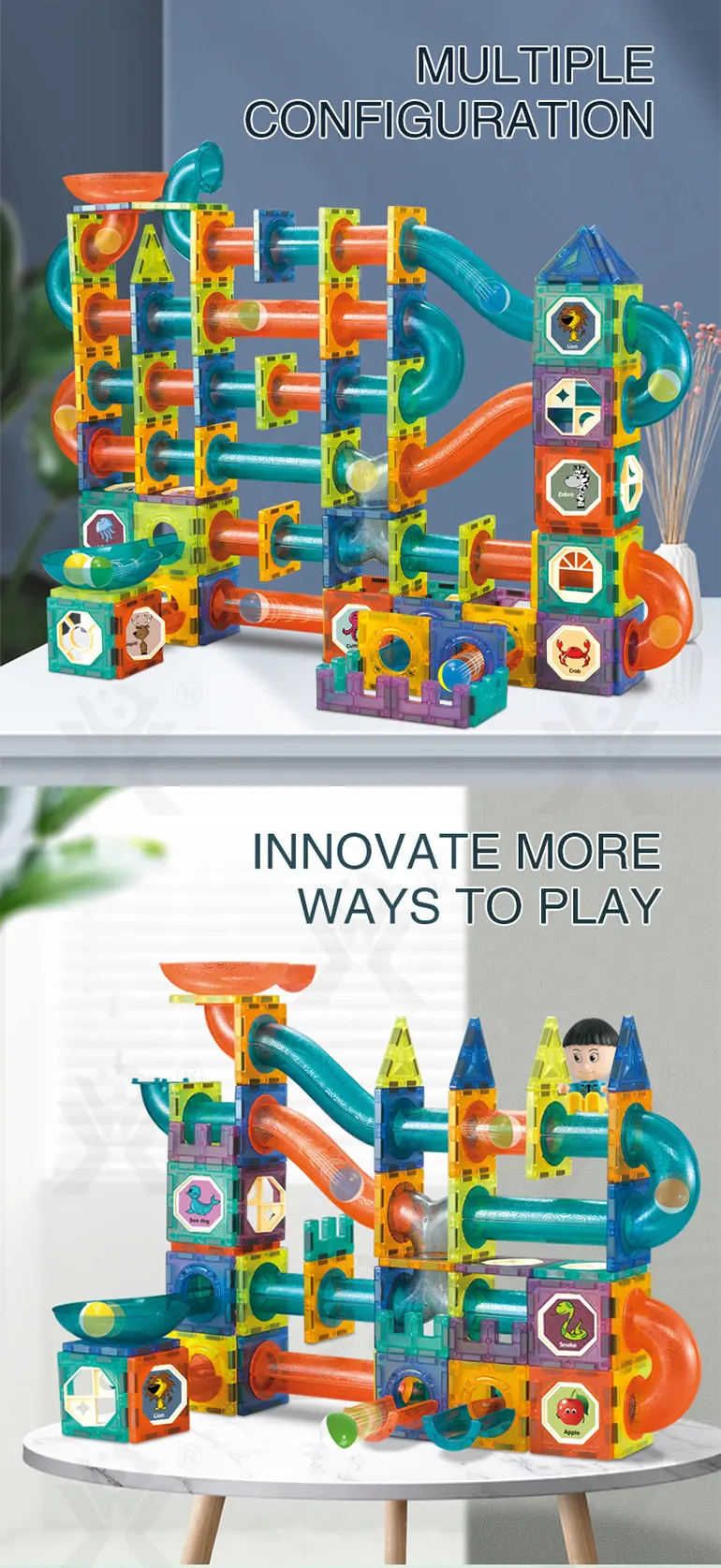 Magnetic Tiles Marble Run, 3D Magnetic Building Blocks Set Race Track Toy for Kids (TB-5155459) — illustrated product details, panel 2