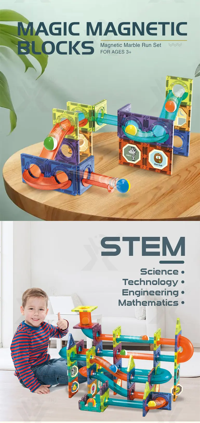 Magnetic Tiles Marble Run, 3D Magnetic Building Blocks Set Race Track Toy for Kids (TB-5155459) — illustrated product details, panel 3