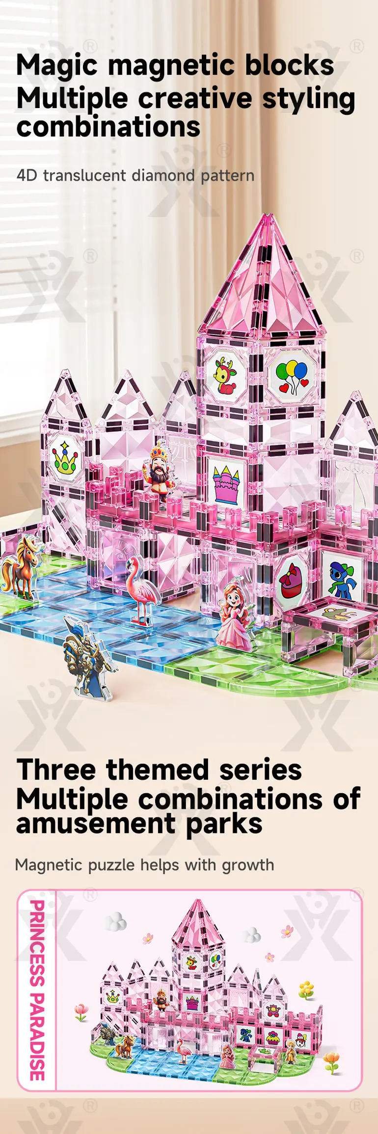 Pink Princess Castle Magnetic Tiles Building Blocks (TB-5070918) — illustrated product details, panel 1