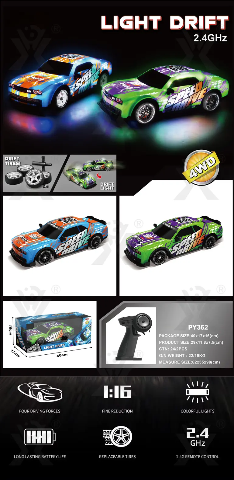 1:16 Four-Way Light RC Racing Car (TB-4256361) — illustrated product details, panel 1