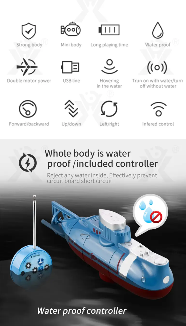 RC Submarine Toy Remote Control Boat, Underwater Diving Waterproof RC Toy Submarine (TB-4850551) — illustrated product details, panel 2