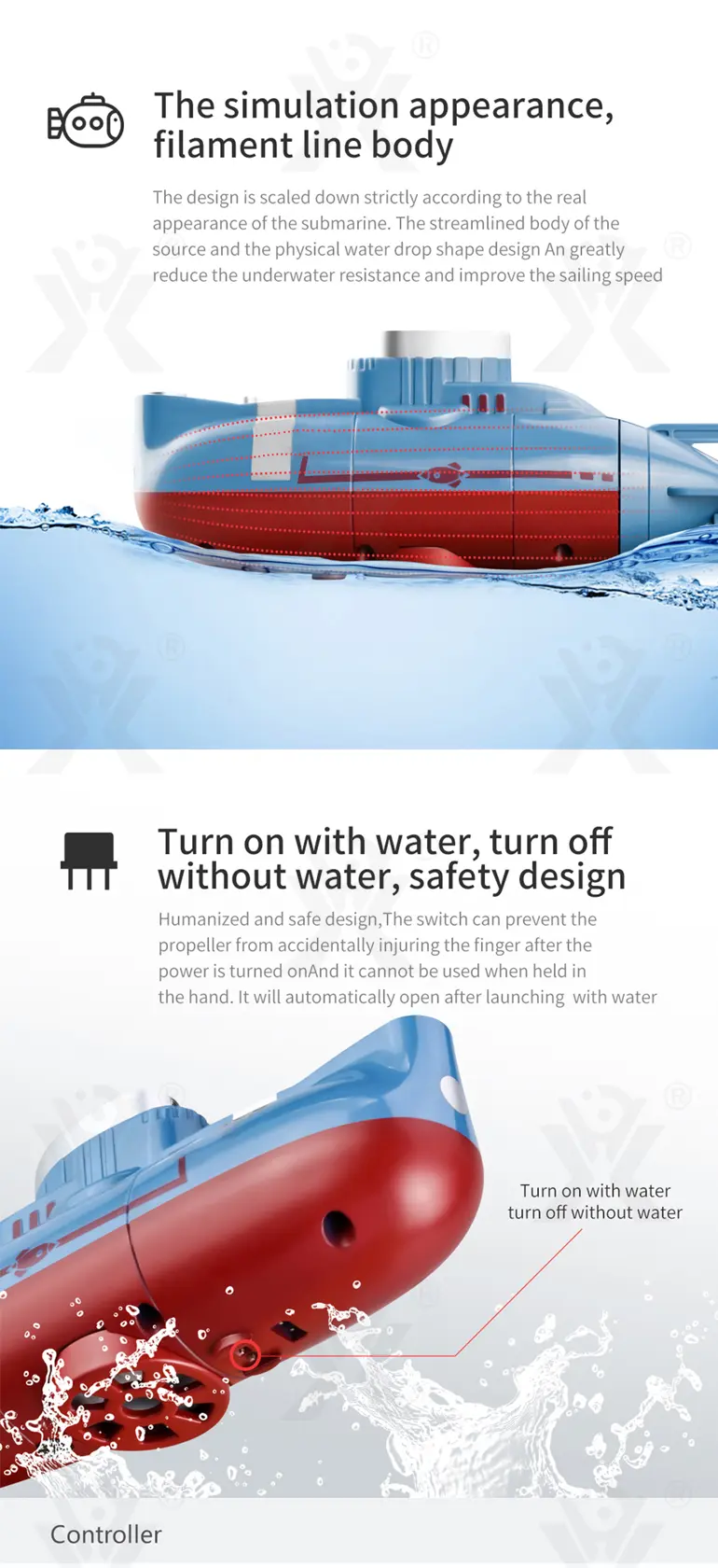 RC Submarine Toy Remote Control Boat, Underwater Diving Waterproof RC Toy Submarine (TB-4850551) — illustrated product details, panel 6