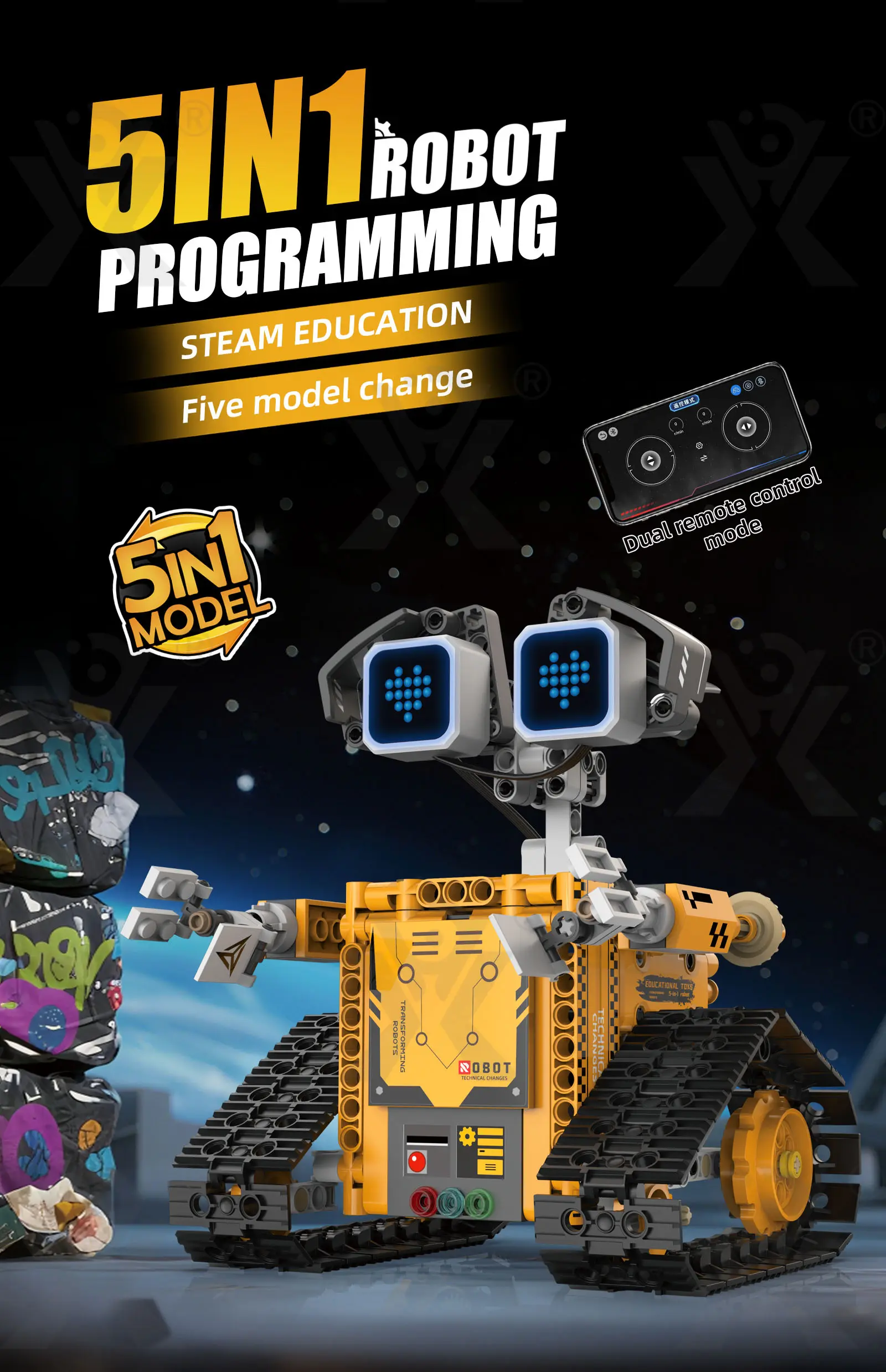 STEM Robot Building Kit, 5-in-1 Robot, Programmable, Remote & App Control (TB-5063053) — illustrated product details, panel 1