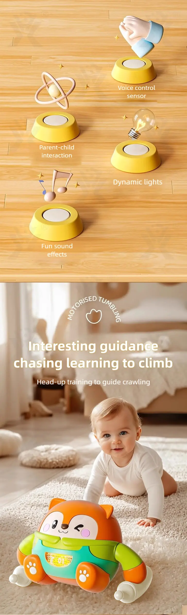 Tumbling Pet Crawling Toy with Lights, Music & Voice Sensor (TB-4857724) — illustrated product details, panel 2