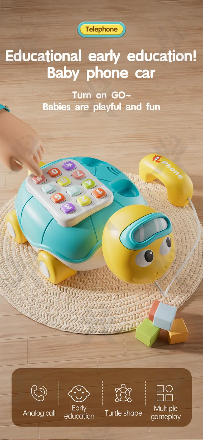 Cartoon Turtle Pull String Phone Toy, CE-Certified Baby Phone Toy Supply (TB-4900800) — illustrated product details, panel 1