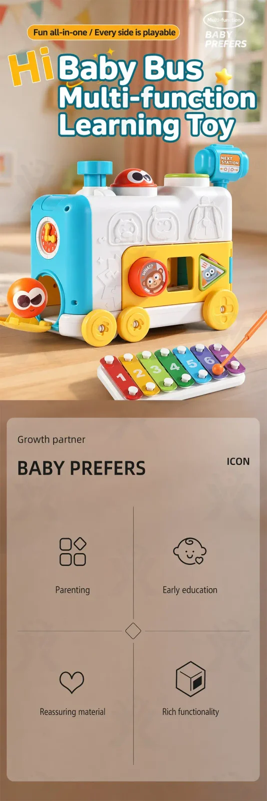 6-in-1 Multi-Function Activity Train Toy, Baby Montessori Sensory Toys Supply (TB-5219039) — illustrated product details, panel 1