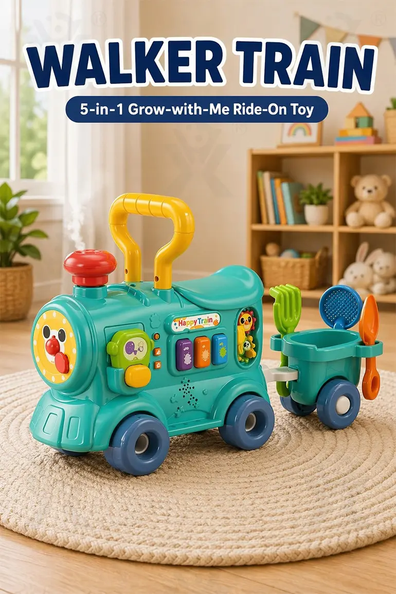Multifunctional Baby Steam Walker Train Toy, 5-in-1 Activity Ride Toy (TB-5226874) — illustrated product details, panel 1