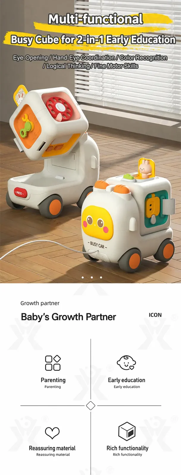 Take-Apart Busy Bus, 6-in-1 Baby Activity Cube Bus Toy with Lights & Music (TB-5184350) — illustrated product details, panel 1
