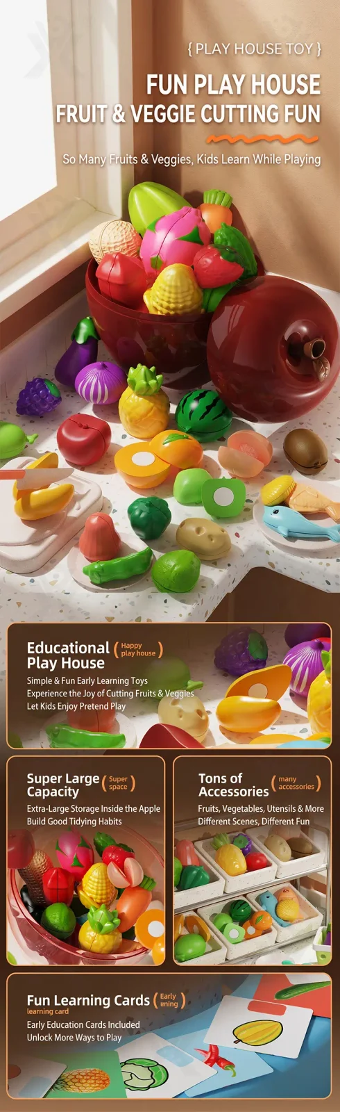 Pretend Play Kitchen Cutting Fruits Vegetables Toys (TB-5083803) — illustrated product details, panel 1