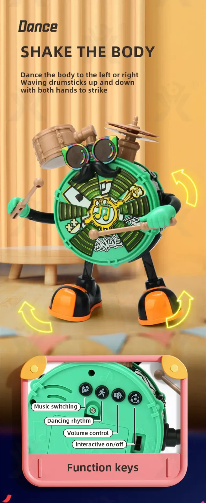 Baby Dancing Drum Instrument Electric Music Robot Toy (TB-4420044) — illustrated product details, panel 2
