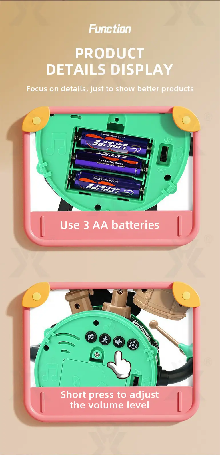 Baby Dancing Drum Instrument Electric Music Robot Toy (TB-4420044) — illustrated product details, panel 5