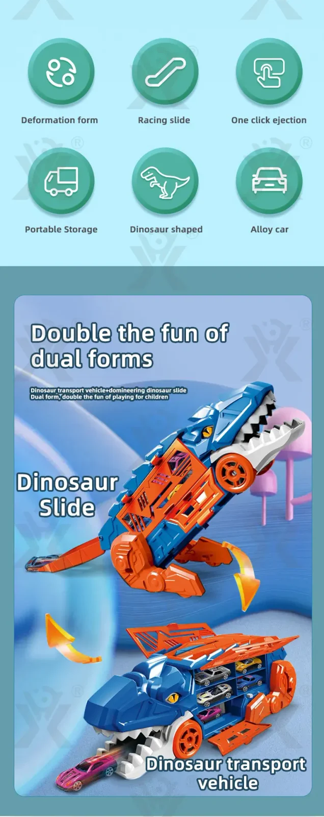 Dinosaur Alloy Catapult Toy with 6 Die-Cast Cars (TB-4526041) — illustrated product details, panel 2